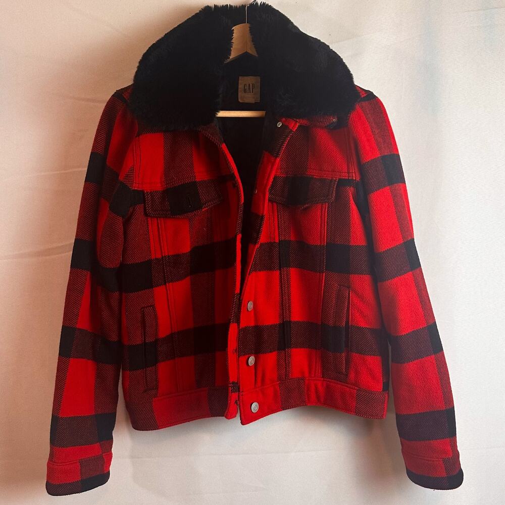 GAP Red Black Plaid Flannel Fur Bomber Jacket Removable Collar Sz. S - Picture 2 of 8